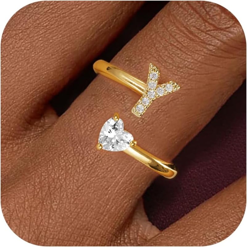 Treasure Bender Valentines Day Gifts Initial Gold Rings for Girls Women - Dainty 14K Gold Plated Adjustable Letter A-Z Rings Teen Girls Gifts Trendy Stuff Heart CZ Initial Ring Teens Birthday Gift - Image 1